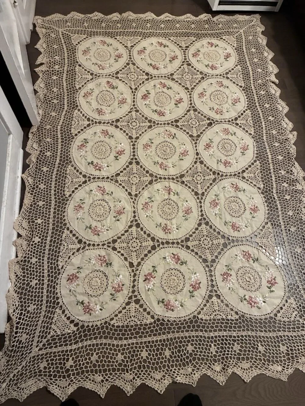 Handmade Crochet Lace Tablecloth Pink Floral Ribbon Embroidery Cottagecore Large